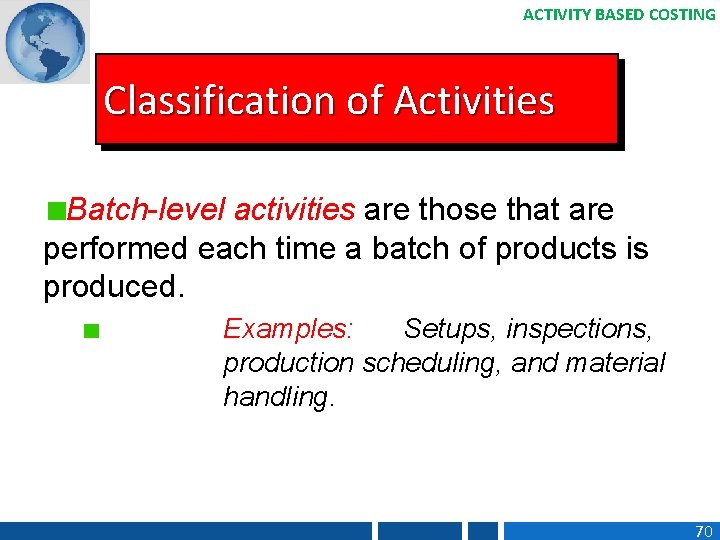 ACTIVITY BASED COSTING Classification of Activities Batch-level activities are those that are performed each