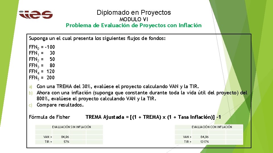 Diplomado en Proyectos MODULO VI Problema de Evaluación de Proyectos con Inflación Suponga un