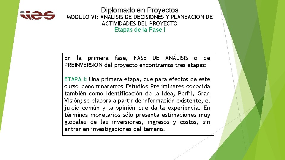 Diplomado en Proyectos MODULO VI: ANÁLISIS DE DECISIONES Y PLANEACION DE ACTIVIDADES DEL PROYECTO
