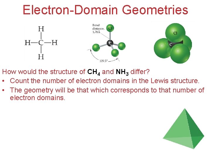 Electron-Domain Geometries How would the structure of CH 4 and NH 3 differ? •