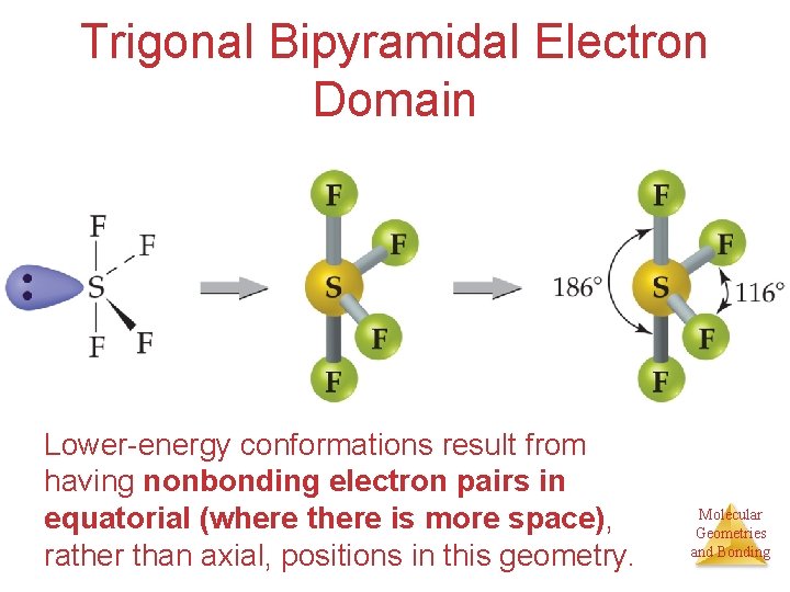 Trigonal Bipyramidal Electron Domain Lower-energy conformations result from having nonbonding electron pairs in equatorial