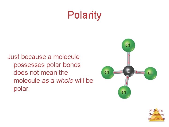 Polarity Just because a molecule possesses polar bonds does not mean the molecule as