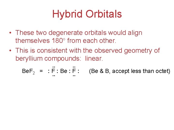 Hybrid Orbitals • These two degenerate orbitals would align themselves 180 from each other.