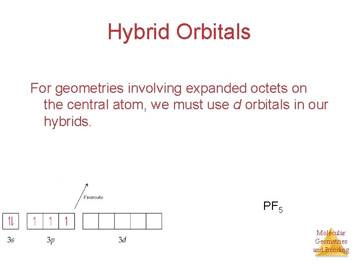 Hybrid Orbitals For geometries involving expanded octets on the central atom, we must use