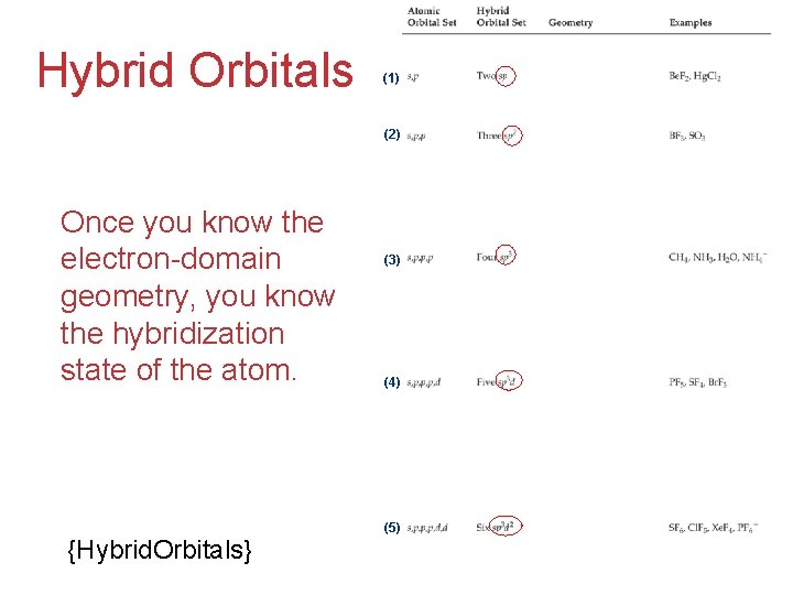 Hybrid Orbitals (1) (2) Once you know the electron-domain geometry, you know the hybridization