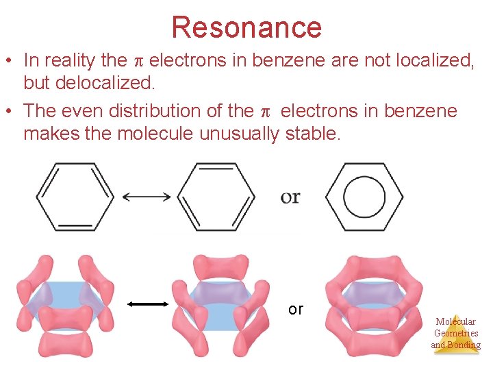 Resonance • In reality the electrons in benzene are not localized, but delocalized. •