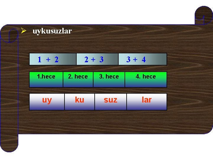 Ø uykusuzlar 1 + 2 2+ 3 3+ 4 1. hece 2. hece 3.