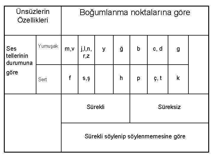 Ünsüzlerin Özellikleri Ses tellerinin durumuna Yumuşak göre Sert Boğumlanma noktalarına göre m, v j,