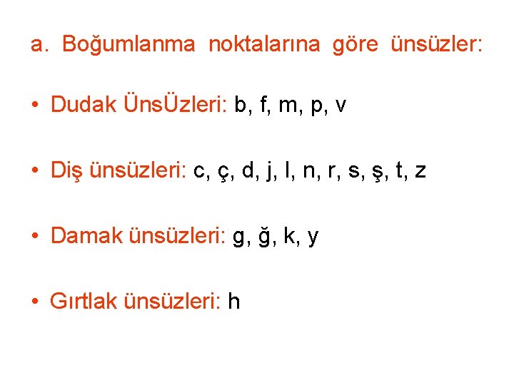 a. Boğumlanma noktalarına göre ünsüzler: • Dudak ÜnsÜzleri: b, f, m, p, v •