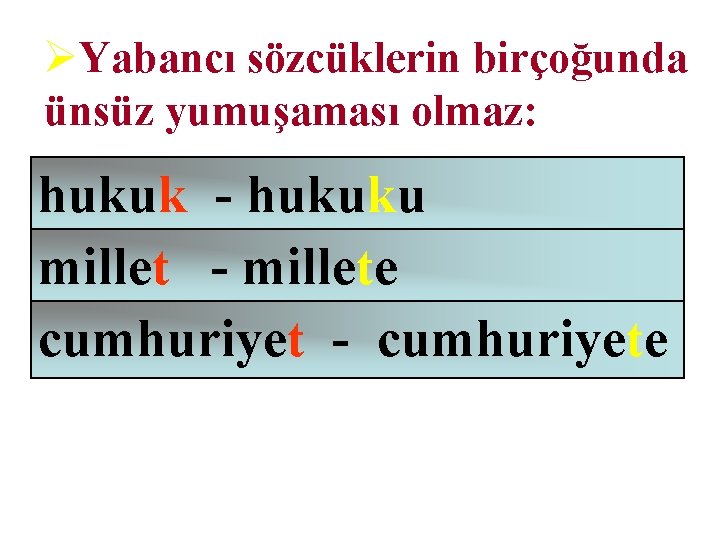 ØYabancı sözcüklerin birçoğunda ünsüz yumuşaması olmaz: hukuk - hukuku millet - millete cumhuriyet -