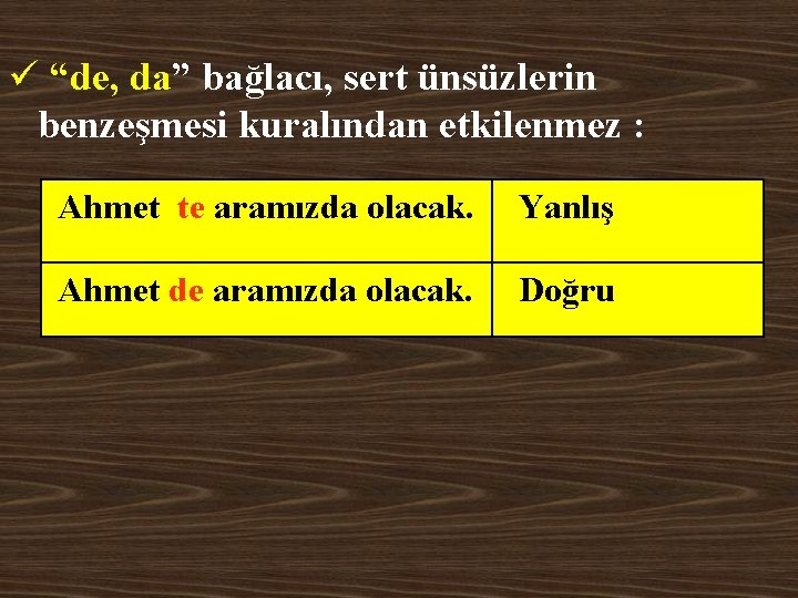 ü “de, da” bağlacı, sert ünsüzlerin benzeşmesi kuralından etkilenmez : Ahmet te aramızda olacak.