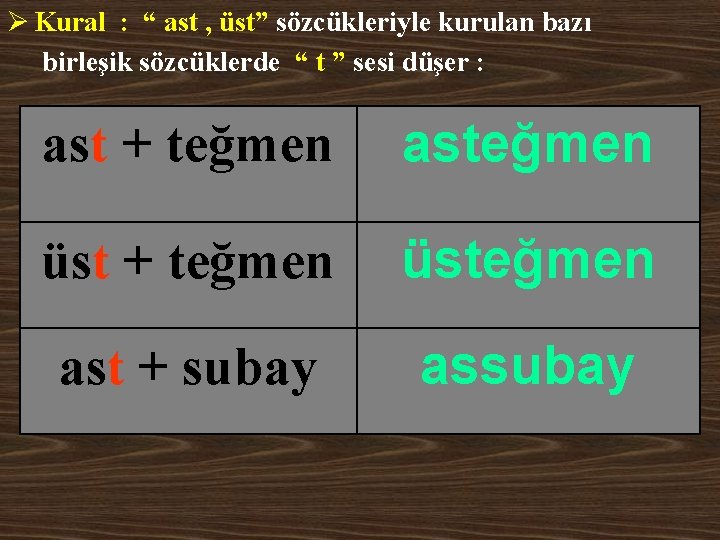 Ø Kural : “ ast , üst” sözcükleriyle kurulan bazı birleşik sözcüklerde “ t