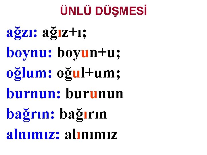 ÜNLÜ DÜŞMESİ ağzı: ağız+ı; boynu: boyun+u; oğlum: oğul+um; burnun: burunun bağrın: bağırın alnımız: alınımız