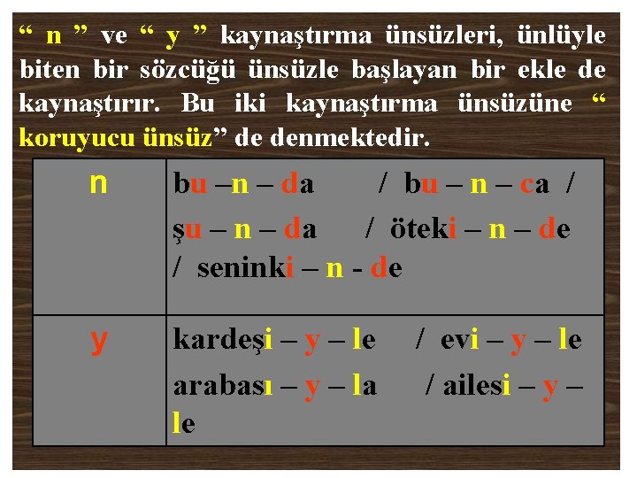 “ n ” ve “ y ” kaynaştırma ünsüzleri, ünlüyle biten bir sözcüğü ünsüzle