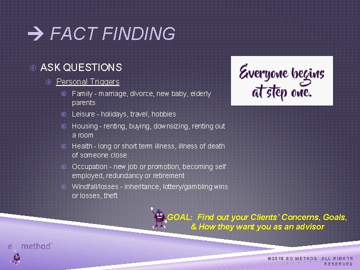  FACT FINDING ASK QUESTIONS Personal Triggers Family – marriage, divorce, new baby, elderly