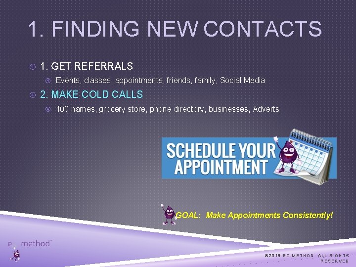1. FINDING NEW CONTACTS 1. GET REFERRALS Events, classes, appointments, friends, family, Social Media
