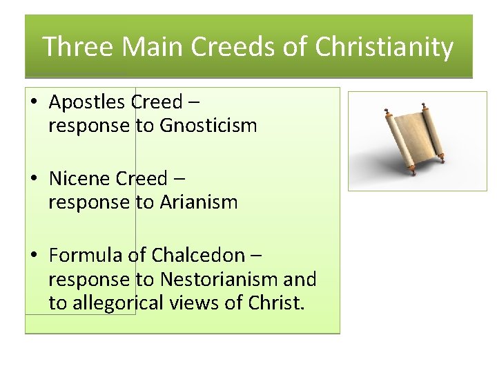 Three Main Creeds of Christianity • Apostles Creed – response to Gnosticism • Nicene