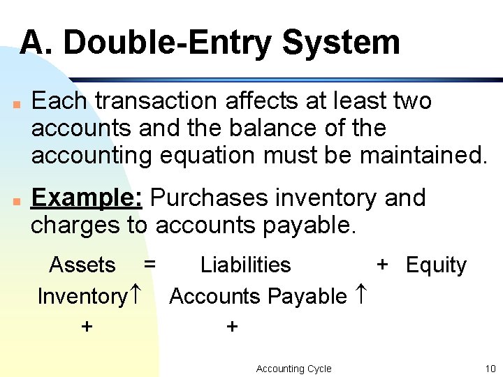 A. Double-Entry System n n Each transaction affects at least two accounts and the A. Double-Entry System n n Each transaction affects at least two accounts and the