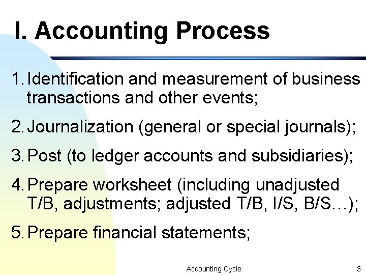 I. Accounting Process 1. Identification and measurement of business transactions and other events; 2. I. Accounting Process 1. Identification and measurement of business transactions and other events; 2.
