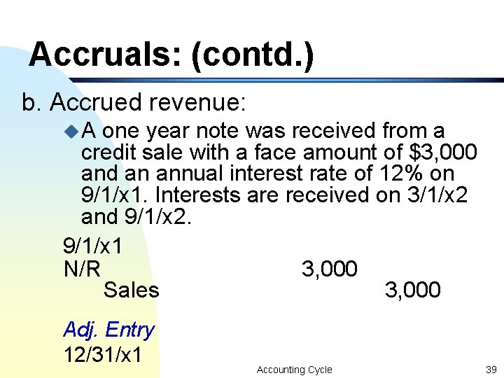 Accruals: (contd. ) b. Accrued revenue: u. A one year note was received from Accruals: (contd. ) b. Accrued revenue: u. A one year note was received from