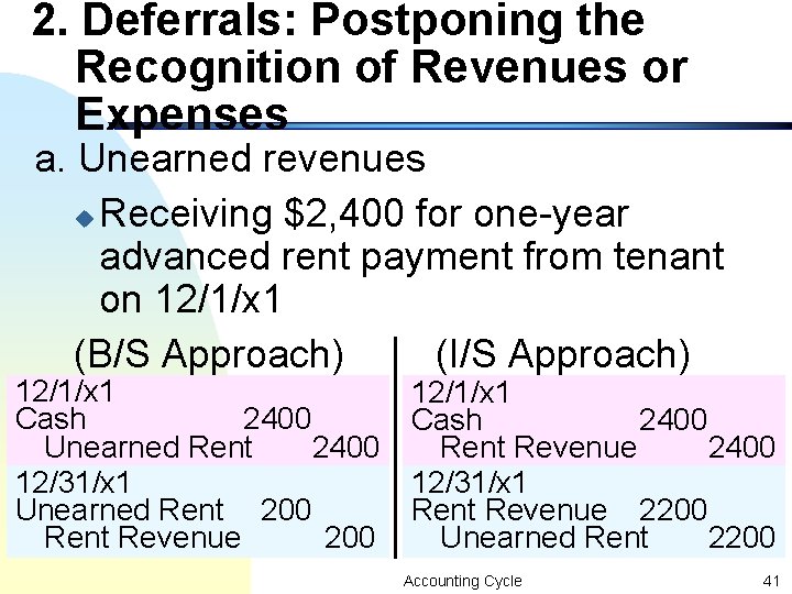 2. Deferrals: Postponing the Recognition of Revenues or Expenses a. Unearned revenues u Receiving 2. Deferrals: Postponing the Recognition of Revenues or Expenses a. Unearned revenues u Receiving
