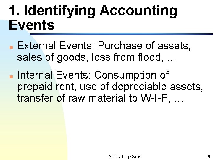 1. Identifying Accounting Events n n External Events: Purchase of assets, sales of goods, 1. Identifying Accounting Events n n External Events: Purchase of assets, sales of goods,
