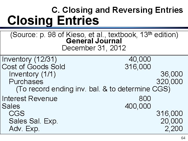 C. Closing and Reversing Entries Closing Entries (Source: p. 98 of Kieso, et al. C. Closing and Reversing Entries Closing Entries (Source: p. 98 of Kieso, et al.