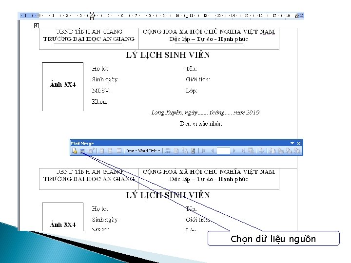 Copy tất cả dữ liệu vào trong file phieuthuhp. doc Chọn dữ liệu nguồn