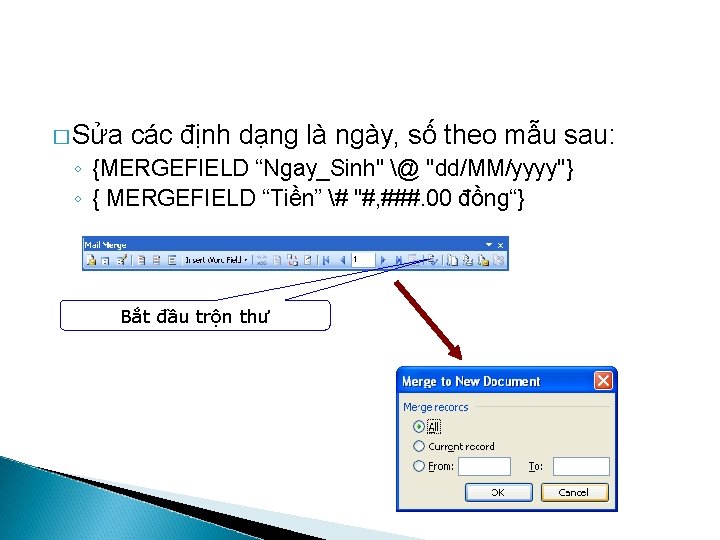 � Sửa các định dạng là ngày, số theo mẫu sau: ◦ {MERGEFIELD “Ngay_Sinh"