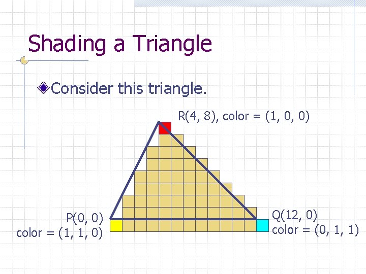 Shading a Triangle Consider this triangle. R(4, 8), color = (1, 0, 0) P(0,
