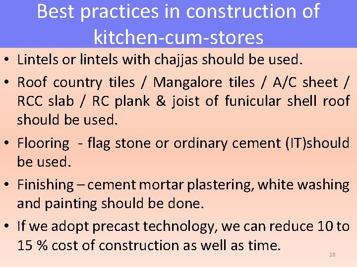 Best practices in construction of kitchen-cum-stores • Lintels or lintels with chajjas should be