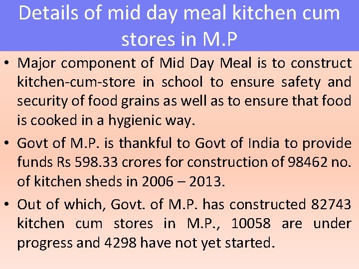 Details of mid day meal kitchen cum stores in M. P • Major component