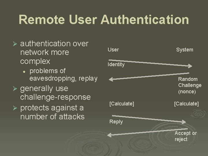 Remote User Authentication Ø authentication over network more complex l problems of eavesdropping, replay