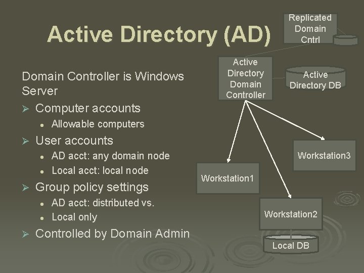 Active Directory (AD) Domain Controller is Windows Server Ø Computer accounts l Ø l