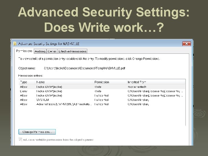 Advanced Security Settings: Does Write work…? 