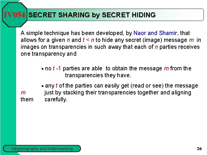 IV 054 SECRET SHARING by SECRET HIDING A simple technique has been developed, by