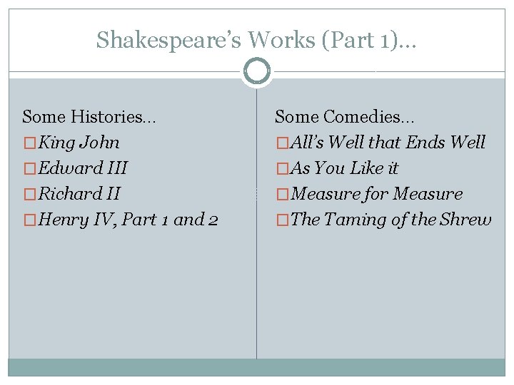 Shakespeare’s Works (Part 1)… Some Histories… �King John �Edward III �Richard II �Henry IV,