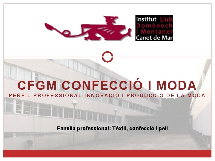 CFGM CONFECCIÓ I MODA PERFIL PROFESSIONAL INNOVACIÓ I PRODUCCIÓ DE LA MODA Família professional: