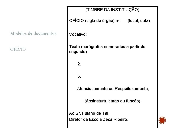 (TIMBRE DA INSTITUIÇÃO) OFÍCIO (sigla do órgão) nº (local, data) Modelos de documentos Vocativo: