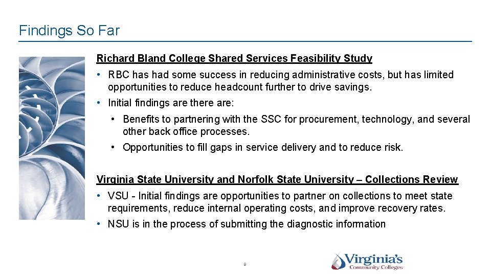 Findings So Far Richard Bland College Shared Services Feasibility Study • RBC has had