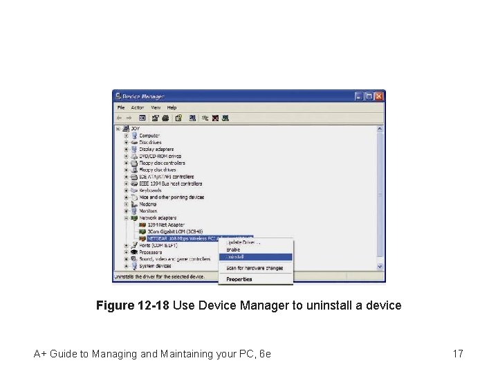 Figure 12 -18 Use Device Manager to uninstall a device A+ Guide to Managing