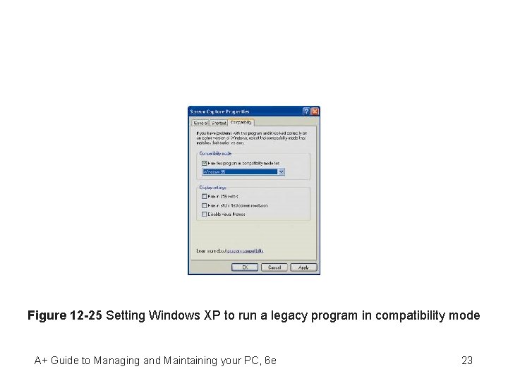 Figure 12 -25 Setting Windows XP to run a legacy program in compatibility mode