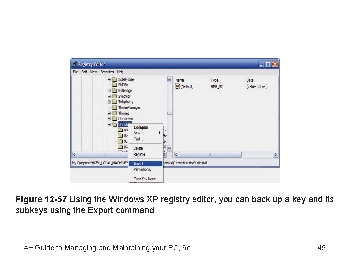 Figure 12 -57 Using the Windows XP registry editor, you can back up a