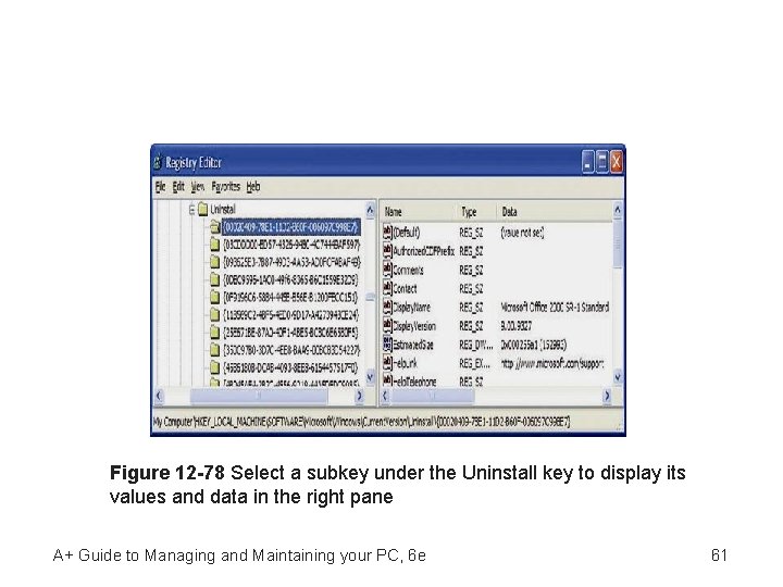 Figure 12 -78 Select a subkey under the Uninstall key to display its values