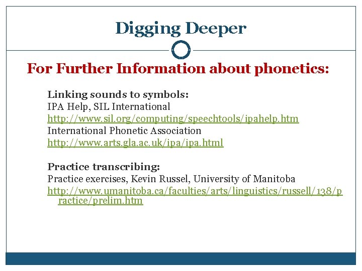 Digging Deeper For Further Information about phonetics: Linking sounds to symbols: IPA Help, SIL