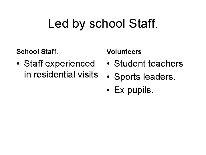 Led by school Staff. School Staff. Volunteers • Staff experienced • Student teachers in