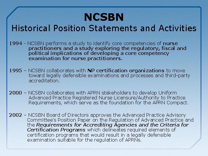 NCSBN Historical Position Statements and Activities 1994 - NCSBN performs a study to identify