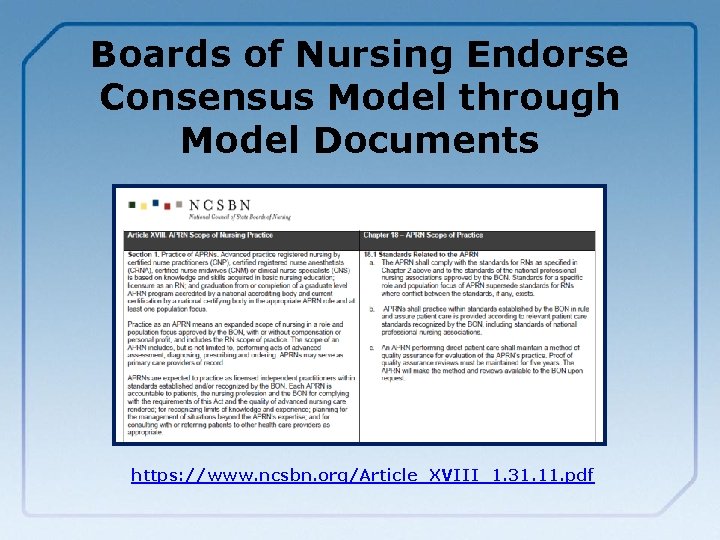 Boards of Nursing Endorse Consensus Model through Model Documents https: //www. ncsbn. org/Article_XVIII_1. 31.