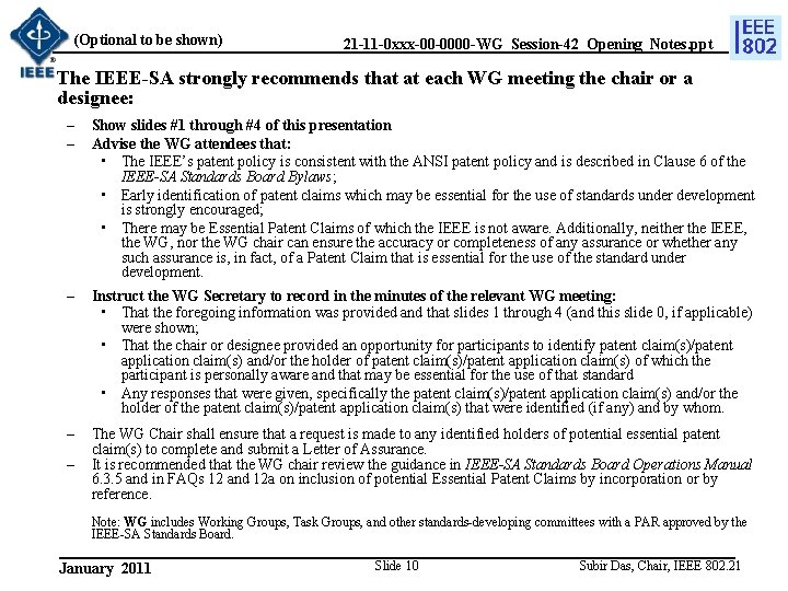 (Optional to be shown) 21 -11 -0 xxx-00 -0000 -WG_Session-42_Opening_Notes. ppt The IEEE-SA strongly