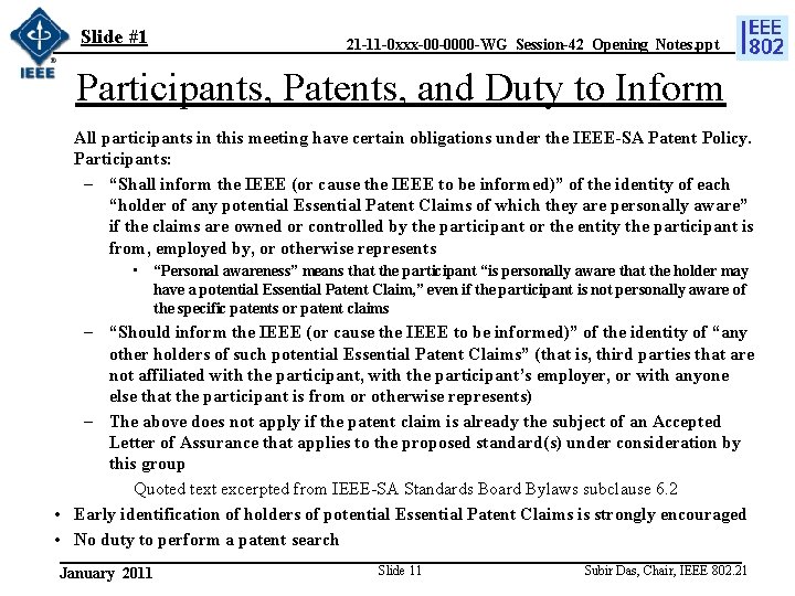 Slide #1 21 -11 -0 xxx-00 -0000 -WG_Session-42_Opening_Notes. ppt Participants, Patents, and Duty to